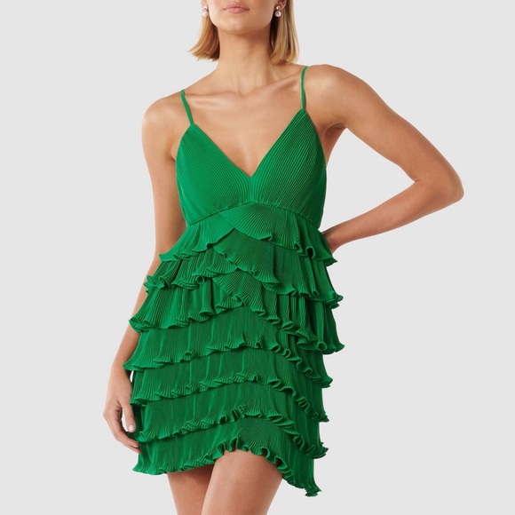Ever New Melbourne Frankie Ruffle Pleated Mini Dress Kelly Green US14 - Picture 1 of 12